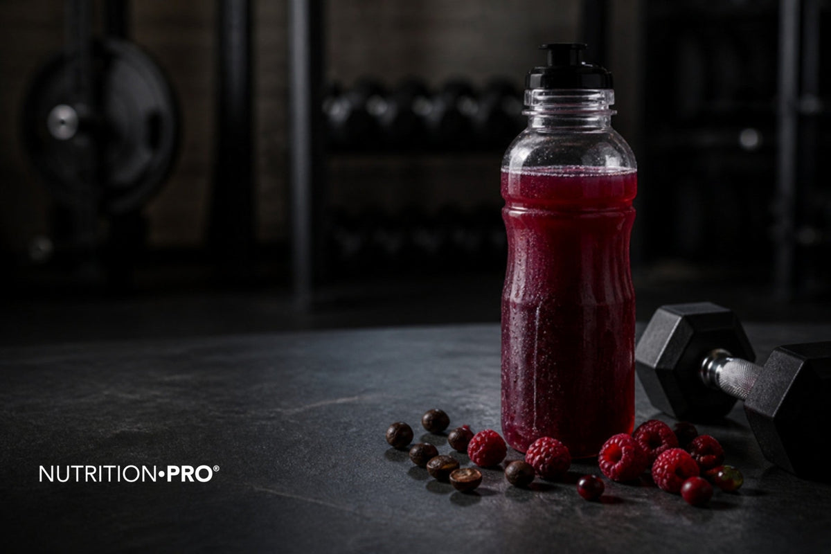 Gourde de boisson rouge, baies rouges et grains de guarana sur une ardoise sombre près d une haltère, booster avant entraînement