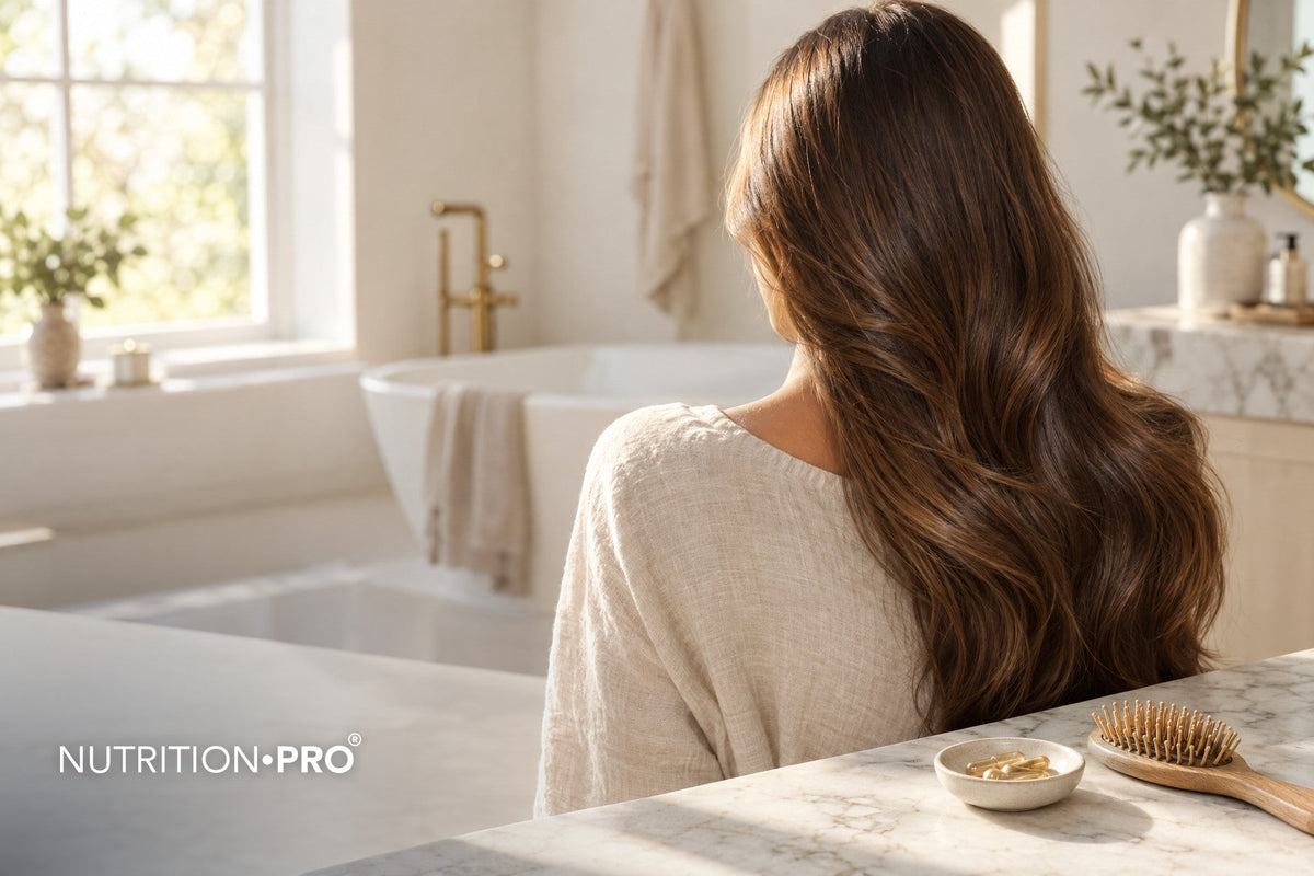 Femme de dos aux longs cheveux bruns épais dans la lumière d'une fenêtre, meilleur complément alimentaire pour les cheveux