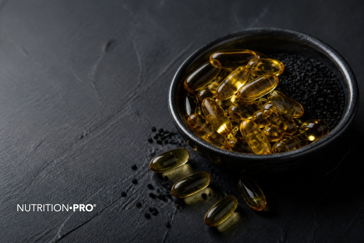 Capsules dorées d huile de nigelle et graines noires dans une coupelle sur une ardoise sombre, nigelle et glycémie