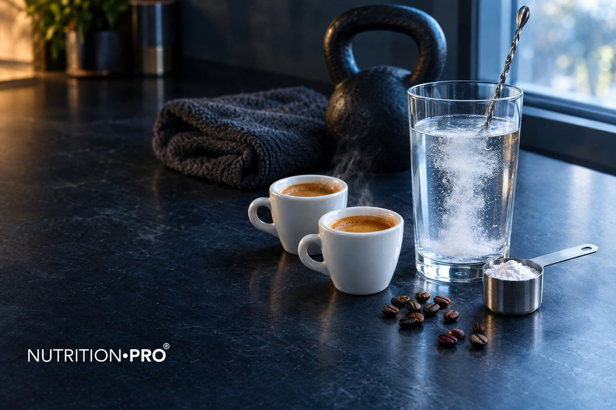 Pré-workout maison : deux espressos et un verre d'eau avec de la créatine avant la séance