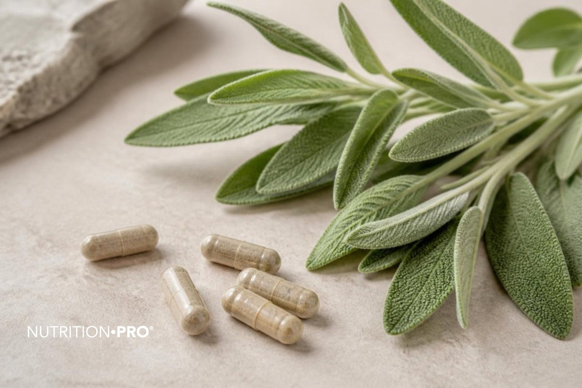 Feuilles de sauge officinale fraîches et gélules sur une pierre claire, sauge ménopause bouffées de chaleur