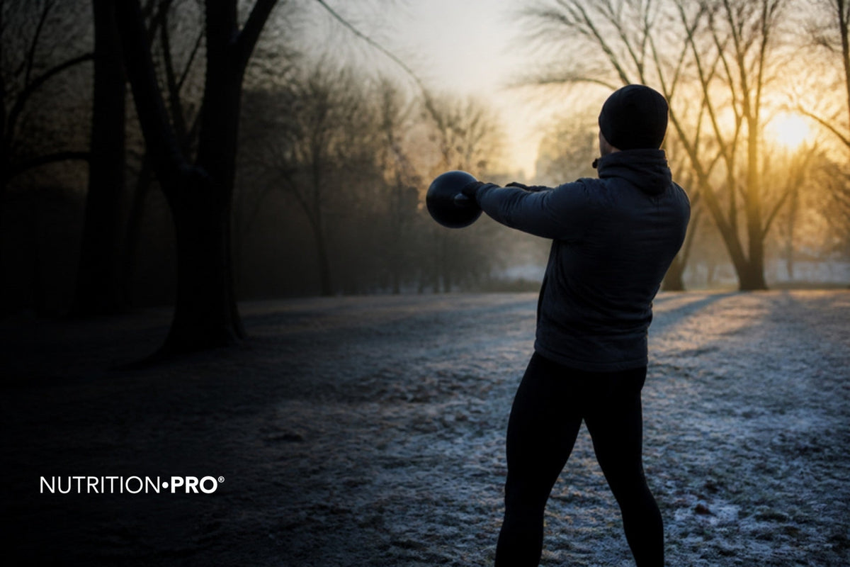 Personne en tenue de sport chaude qui s entraîne au kettlebell à l aube dans un parc givré, winter arc