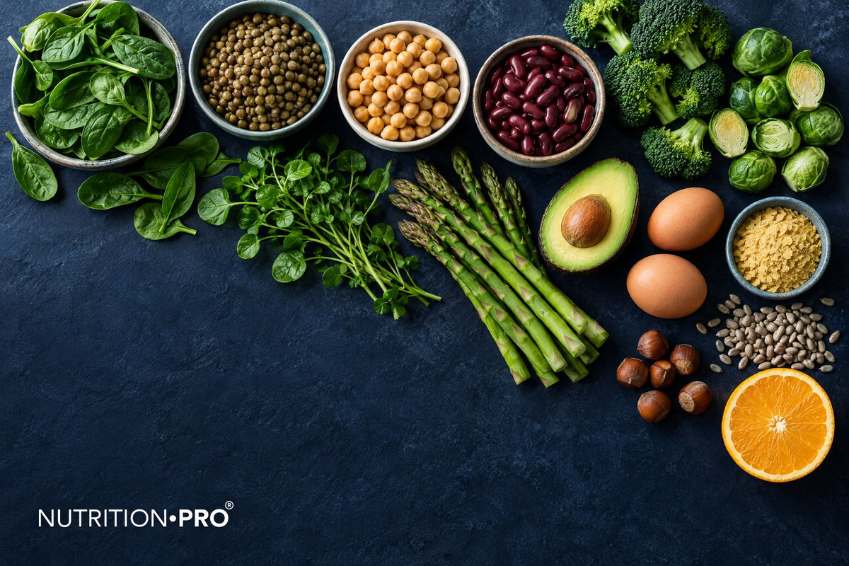 Aliments riches en acide folique (vitamine B9) : lentilles, pois chiches, épinards, asperges, brocoli, avocat et œufs