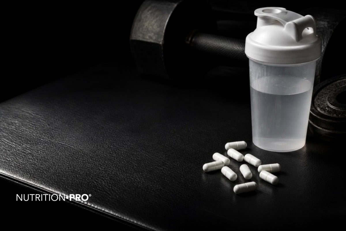 Gélules blanches et shaker sur un banc de musculation sombre, BCAA danger effets secondaires