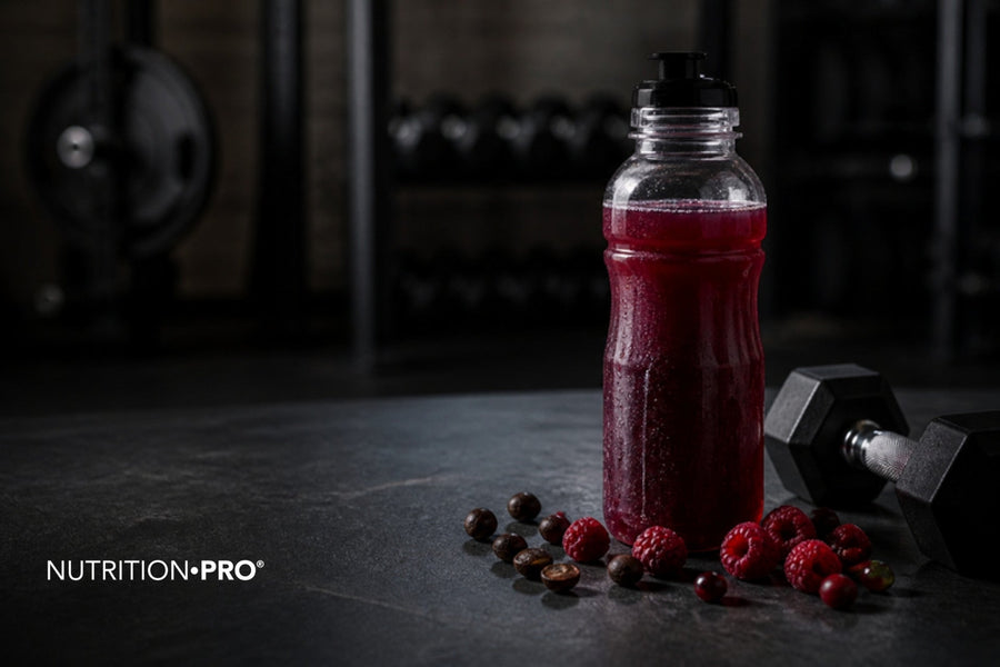 Gourde de boisson rouge, baies rouges et grains de guarana sur une ardoise sombre près d une haltère, booster avant entraînement
