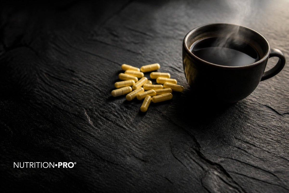 Gélules jaunes de complexe de vitamines B et tasse de café sur une ardoise sombre, vitamines B et fatigue