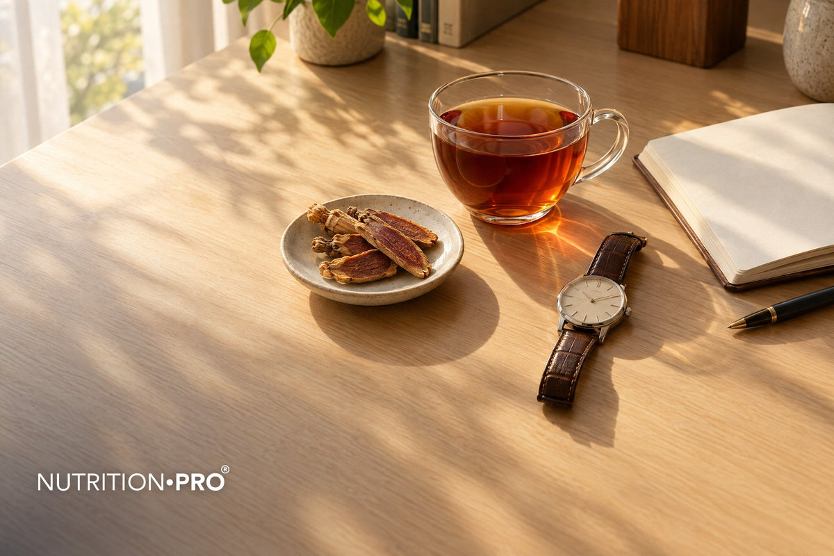 Tasse d'infusion de ginseng rouge, tranches de racine et montre sur un bureau, délai d'action du ginseng