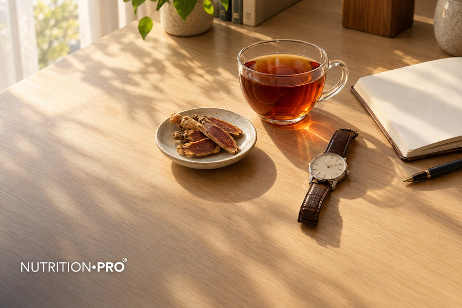 Tasse d'infusion de ginseng rouge, tranches de racine et montre sur un bureau, délai d'action du ginseng