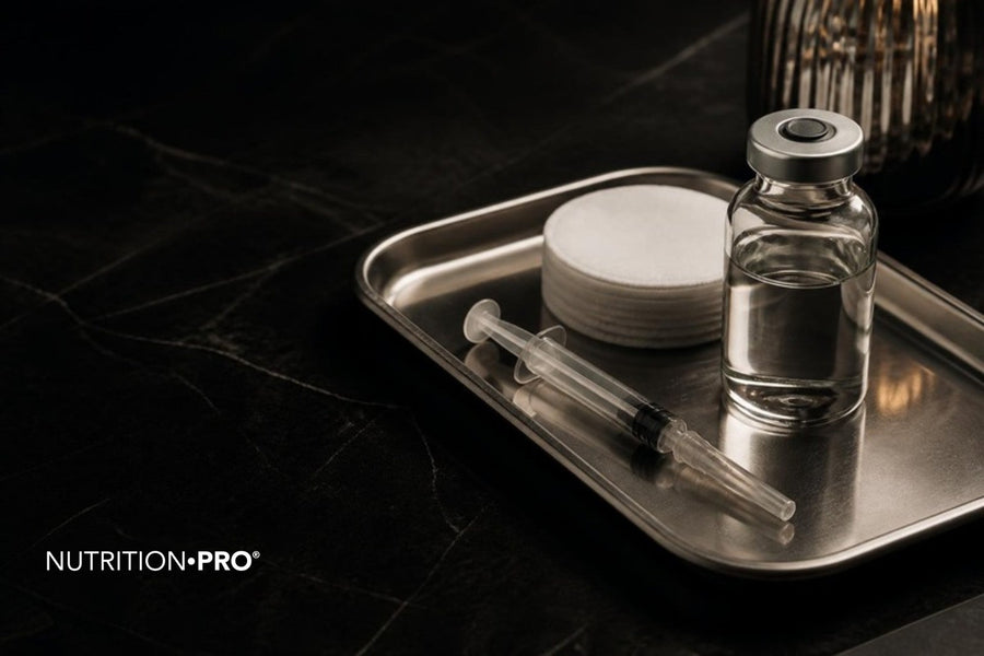 Seringue de gel transparent, compresses et sérum sur un plateau en marbre sombre, injection d acide hyaluronique visage levres cernes