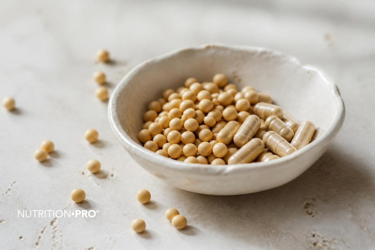 Graines de soja et gélules dans une coupelle sur une pierre claire, isoflavones de soja ménopause
