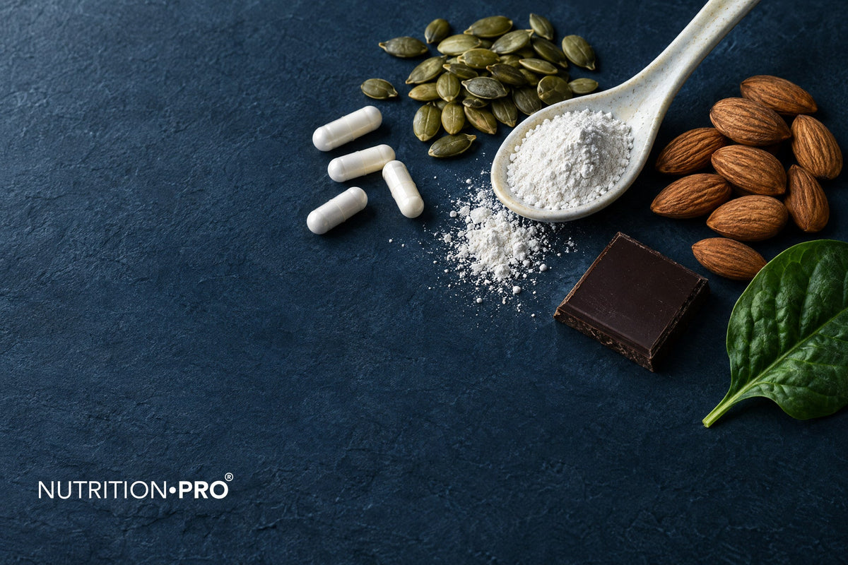 Gélules, poudre de magnésium, graines de courge, amandes et chocolat noir sur une ardoise bleue, quel est le meilleur magnésium