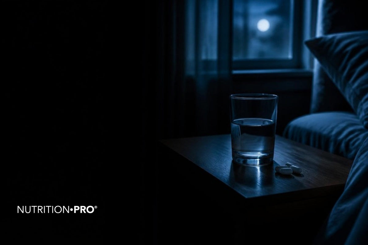 Gélules et verre d eau sur une table de nuit sombre éclairée par la lune, mélatonine danger effets secondaires