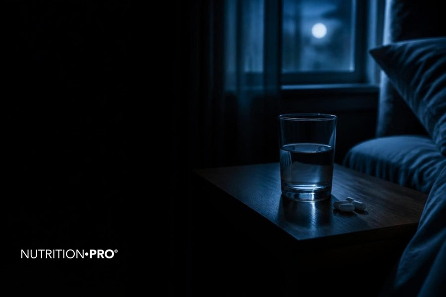 Gélules et verre d eau sur une table de nuit sombre éclairée par la lune, mélatonine danger effets secondaires