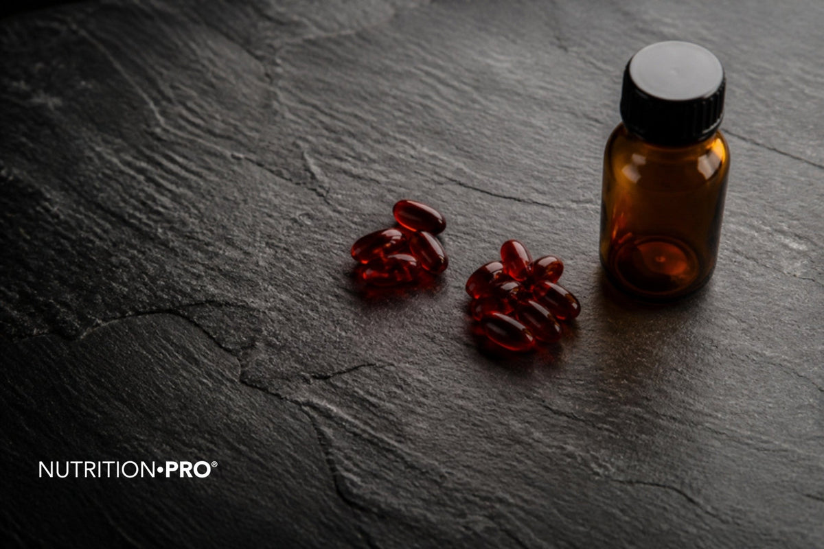 Gélules rouges et flacon ambré sur une ardoise sombre, méthylcobalamine ou cyanocobalamine