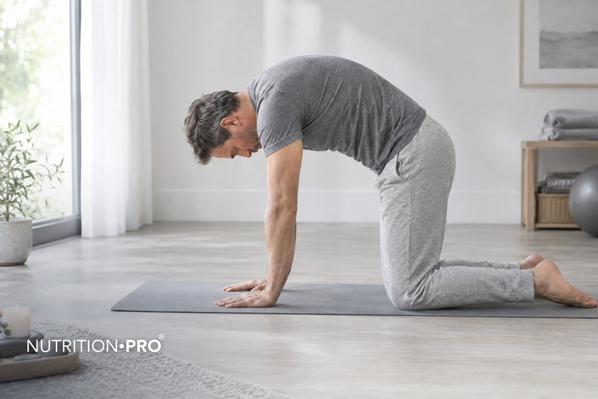 Homme qui mobilise son dos à quatre pattes sur un tapis, Pilates et mal de dos