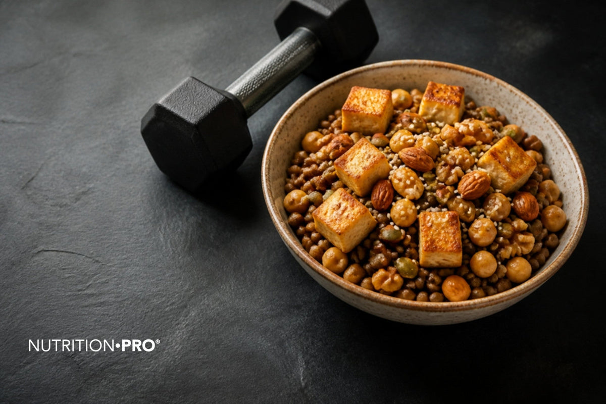 Bol de légumineuses, tofu et graines à côté d une haltère sur une ardoise sombre, prendre du muscle en végétarien ou vegan