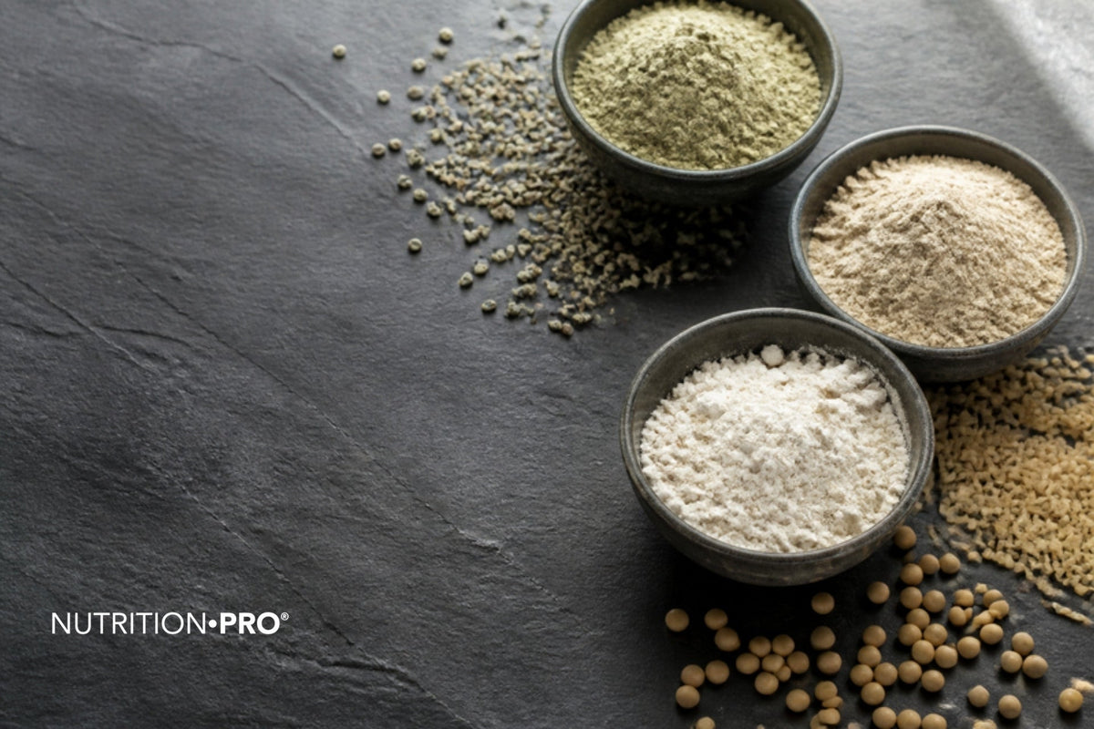 Trois bols de poudres de protéines, graines de chanvre, grains de riz et fèves de soja sur une ardoise sombre