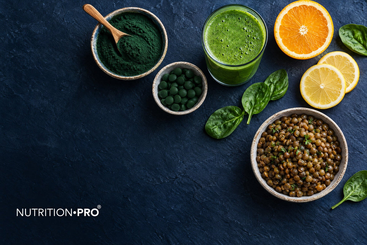 Spiruline en poudre et en comprimés avec agrumes, lentilles et épinards