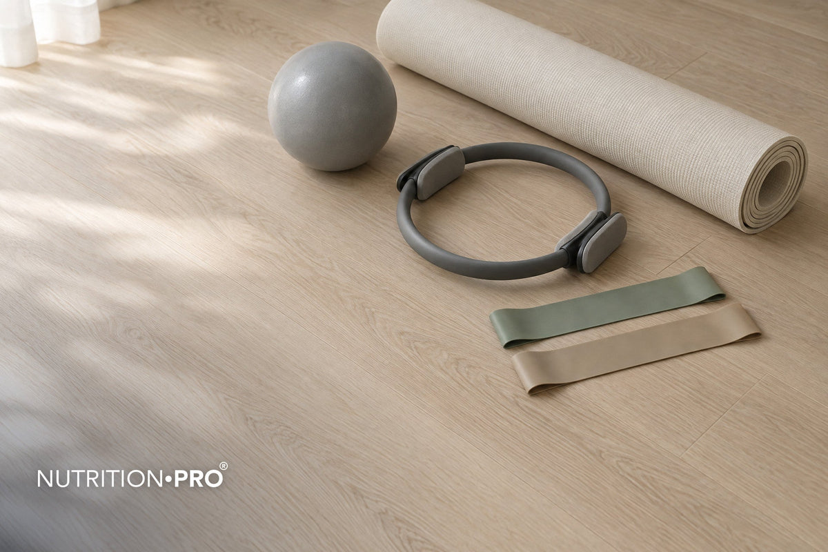 Tapis de Pilates roulé, petit ballon, anneau et bandes élastiques posés sur un parquet clair