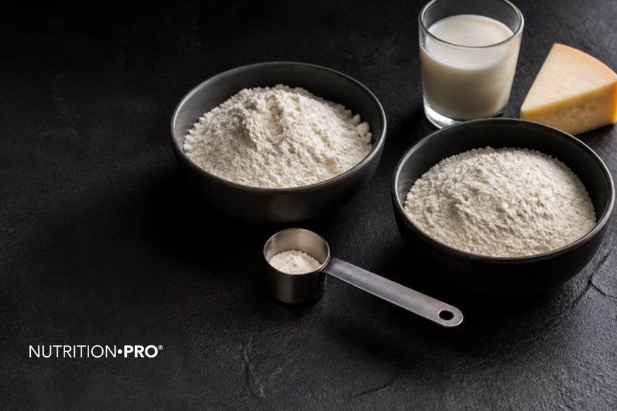 Deux bols de poudre de whey, un verre de lait et un morceau de fromage sur une ardoise sombre, whey native ou whey classique