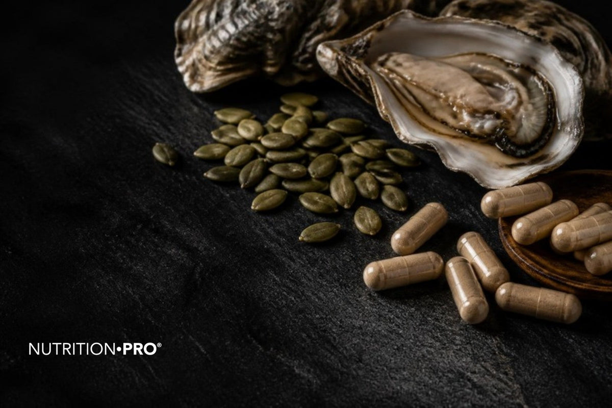 Gélules, graines de courge et huîtres sur une pierre sombre, zinc effets secondaires surdosage