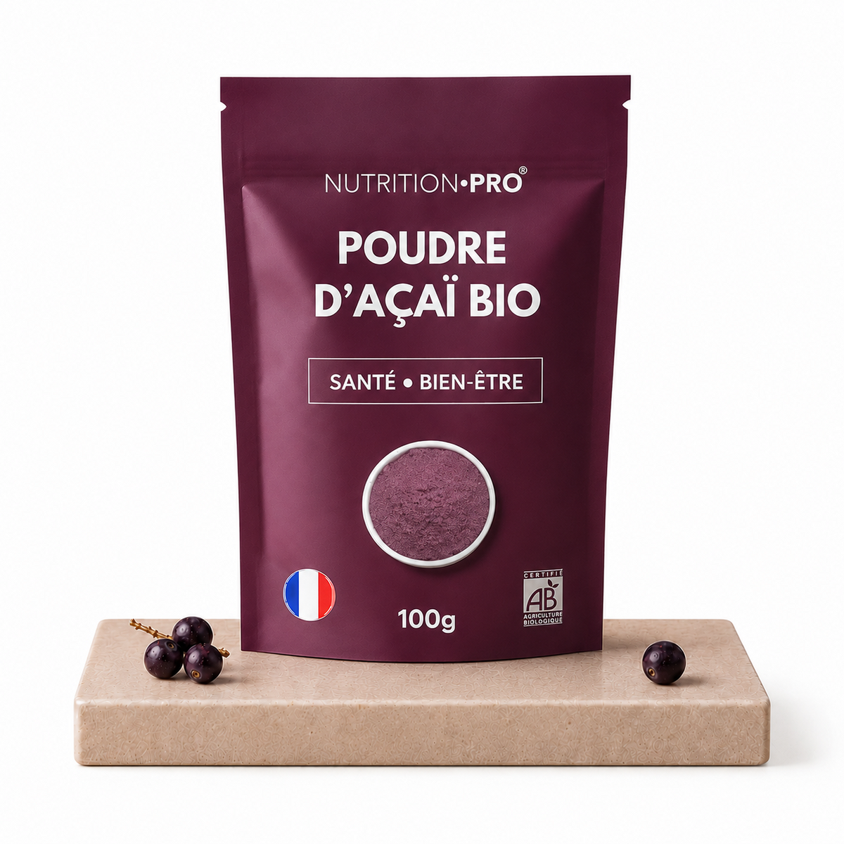 Açaï bio en poudre Nutrition•pro – sachet 100 g sur fond blanc